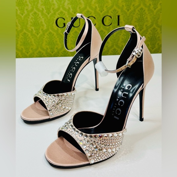 Gucci GG Crystal Embellished Rhinestones Heels Pink Satin Sandals Size 37.5 - Picture 5 of 16